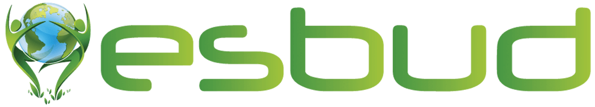 Zielone logo Esbud z ikoną planety w liściach i napisem „esbud”, związane z niszczeniem dokumentów w Poznaniu.